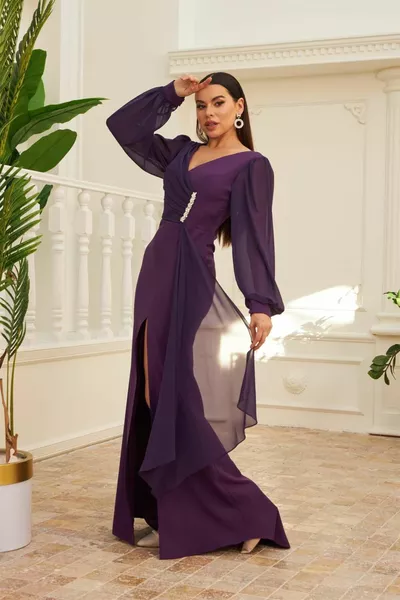 Mürdüm Şifon Toka Detaylı Uzun Abiye Elbise