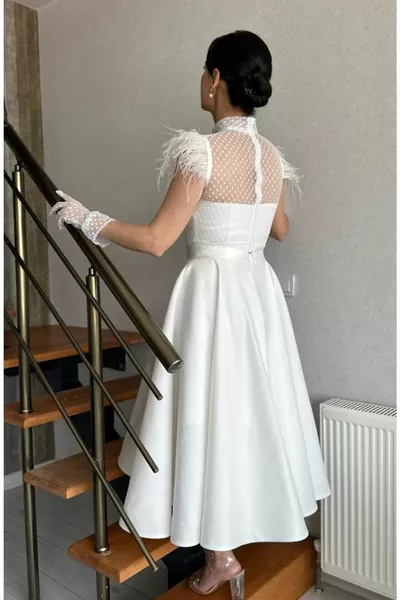 Gefiederte Tüllärmel Transparent trägerlos Midi-Länge ausgestellter Rock Abendkleid Brautkleid