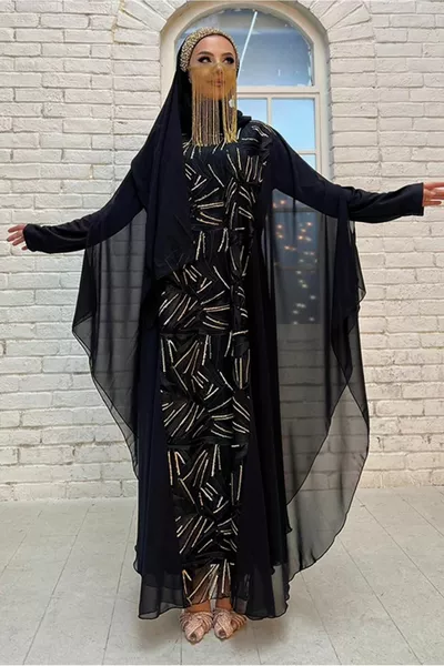 WOMEN'S BLACK SEQUIN EVENING DRESS SET T 