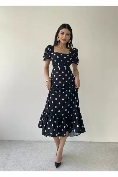 بالون كم مربع الرقبة البولكا نقطة فستان طويل