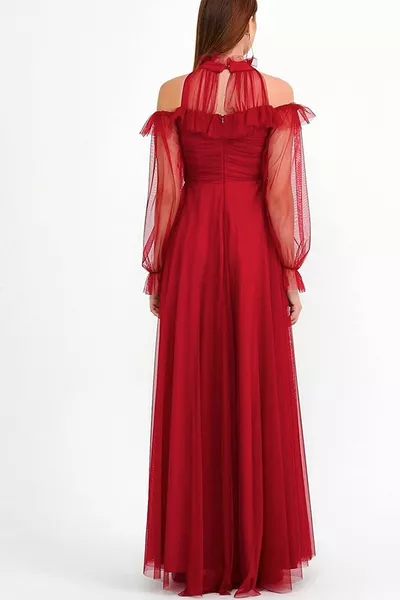 Red Tulle Draped Plus Size Evening Dress