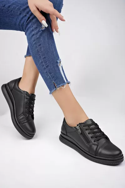 Echt Leer Zwarte Vrouwen Anatomische Lederen Casual Schoenen 