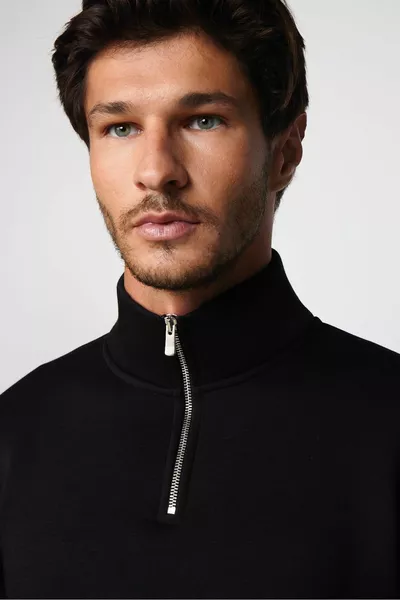 Unisex Relax Fit Casual Cut Baumwollfleece Innenseite Halber Reißverschluss Schwarzes Sweatshirt mit Stehkragen