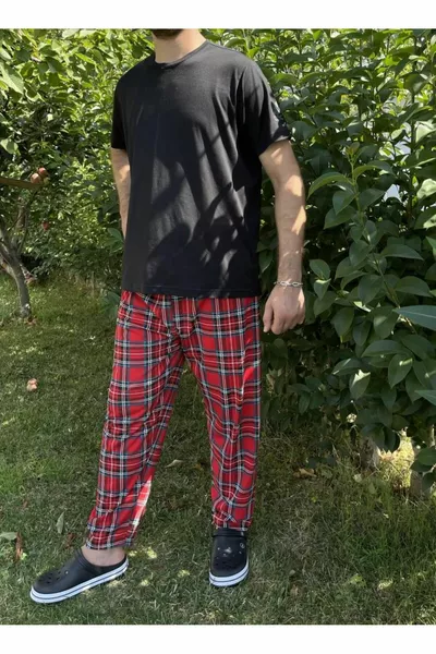 Мужской % хлопок без карманов Эластичный Талия Пижамные Брюки Спортивный Костюм Красный Зеленый Квадрат