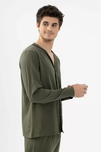 طقم بيجامة رجالي من القطن والليكرا وأزرار وجيب مفصل