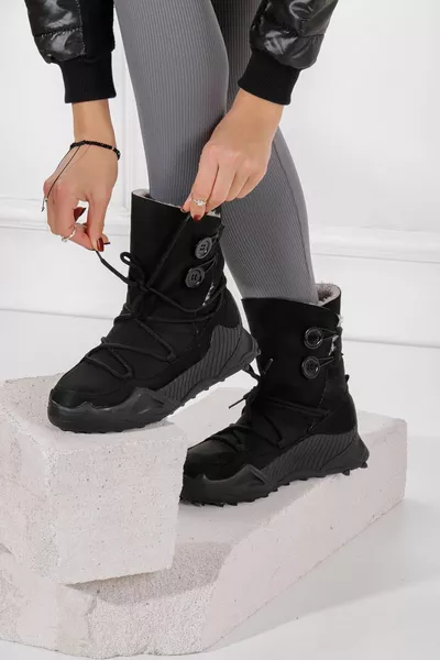 Damen Casual Nubuk-Schneestiefeletten Bootie Postal rutschfeste Sohle mit Fell Innenknöpfe und Schnürsenkel