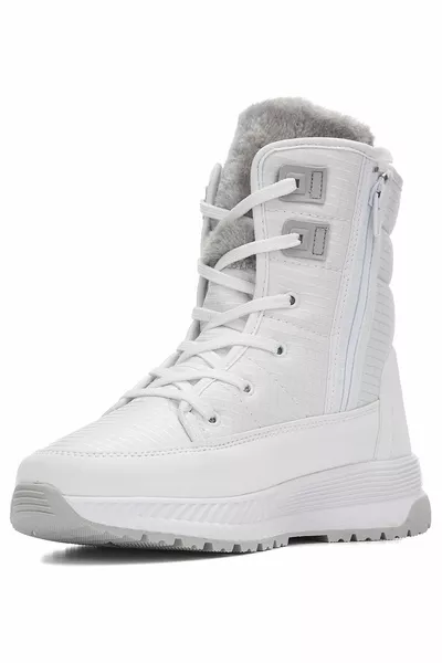Casual White Women's Fur Snow Boots Lace-Up Zipper Comfortable Thick Serrated Sole Bootie 