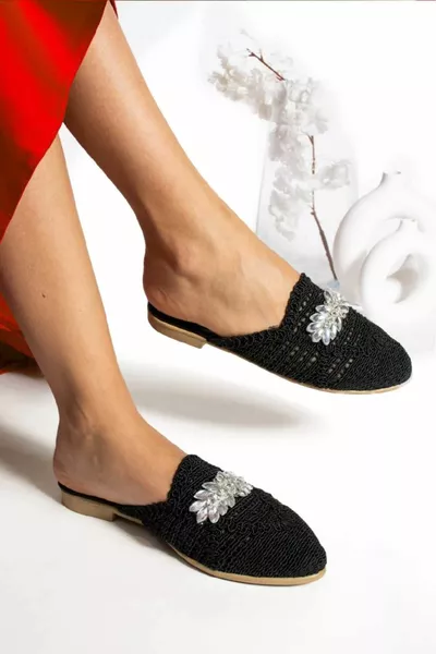 المرأة حجر أسود قش محبوك النعال عارضة الصنادل النعال