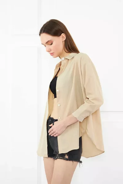 نسائي كريم قميص أساسي طويل كبير الحجم