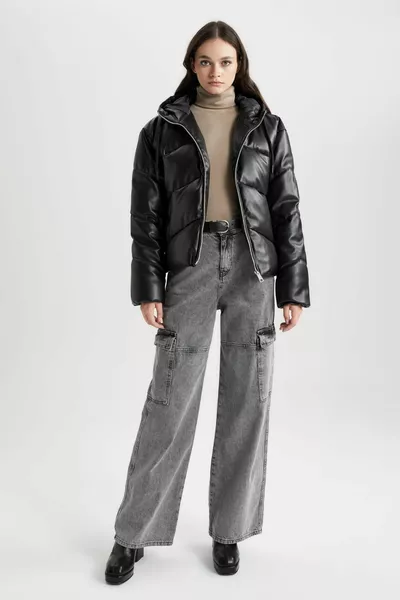 طارد المياه العادية مصبوب مقنعين فو معطف من الجلد مع الصوف داخل wn