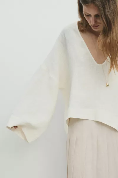 Pleated linen blend midi skirt