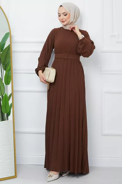 Belted Pleated Aerobin Dress Brown 