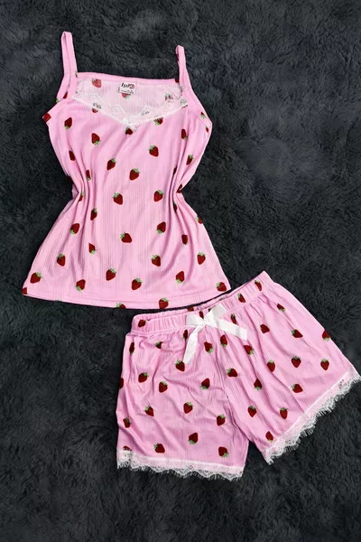 Pegasus Fabric Lace Decorated Rope Strap Shorts Pajama Set