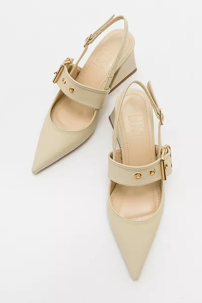 NEPIDO Ecru الجلد المرأة وأشار اصبع القدم مفتوحة الظهر الكعب السميك