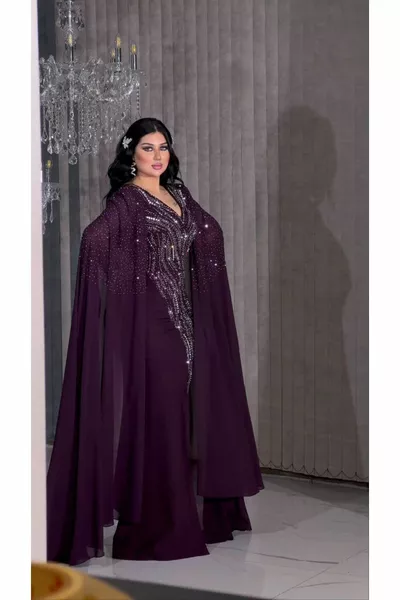 Zena Fashion Robe de soirée à manches cape perlées à imprimé pierre