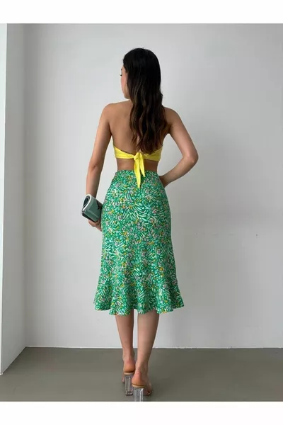 Slit Ruffled Patterned Midi Length Skirt