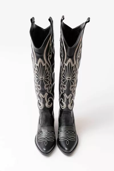 Western Cowboy Zwart kunstleer wit geborduurde lange laarzen voor dames