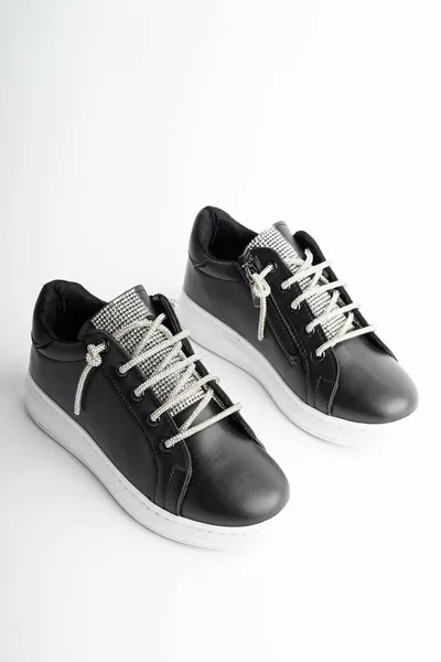 حذاء أسود للفتيات مع سحاب جانبي مع حجر لسان