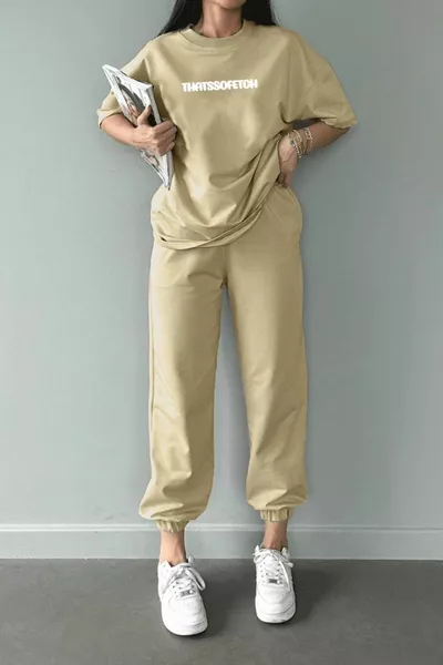 T-Shirt Pantaloni Della Tuta Jogger - Set Tuta Inferiore Superiore Stampata Beige Girocollo Oversize
