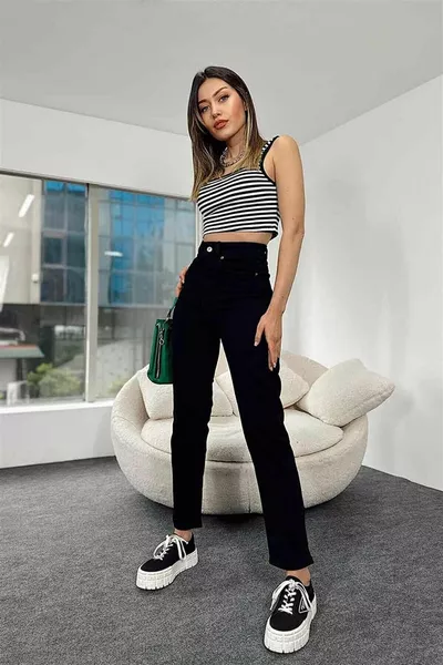 Vita alta Lycra nero dritto mamma jeans mamma ( 1 taglia piccola fronte )