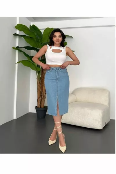 Sweet Midi Denim Skirt High Waist Sweetblue