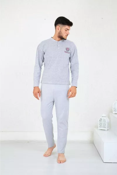 Men's Interlock Winter Collar Button Long Sleeve Striped Gray Combed Pajama Set