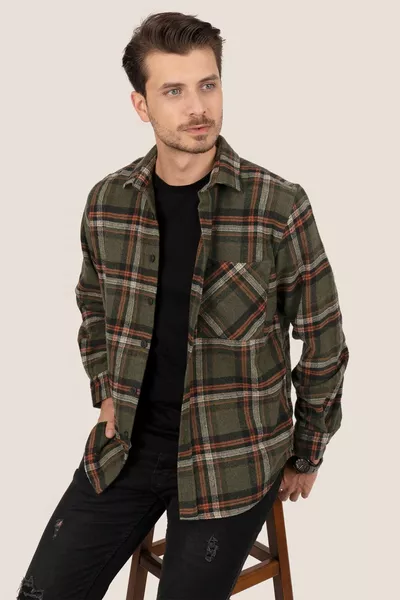 Войник Зелена оранжева райета овърсайз (широка кройка) Дебела подаръчна риза в кутия за дървосекач