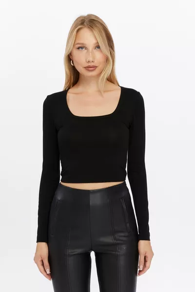 Женская черная укороченная блузка с квадратным вырезом и длинным рукавом