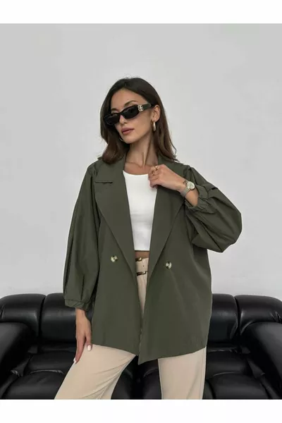 Balloon Cufflinks Short Trench Coat Bondit Fabric Khaki