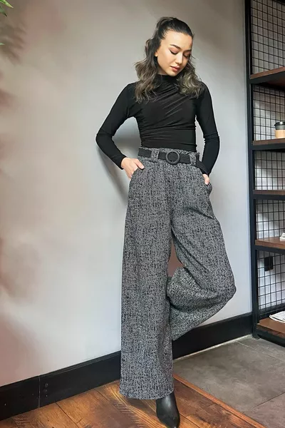 Noir Femme Hiver Snowy Motifs Plissé Détail Ceinturé Palazzo Pantalon