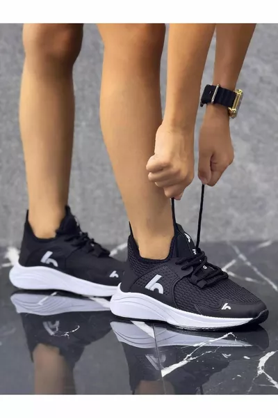 حذاء سنيكرز للأطفال للجنسين بأربطة - أسود - أبيض