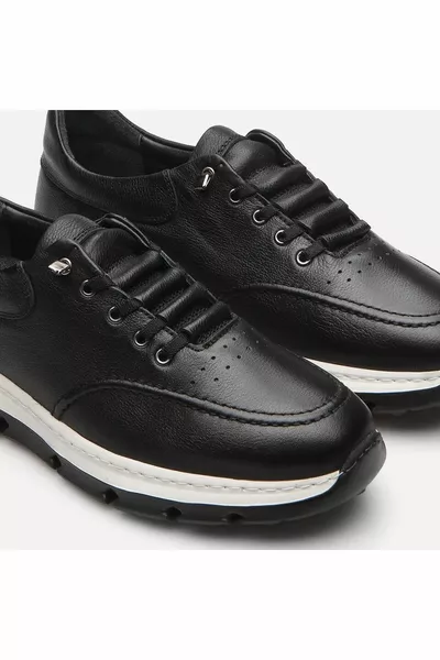 جلد طبيعي أسود أحذية رياضية رجالية للمشاة