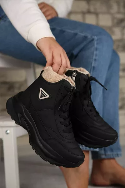 Супер леки вълнени черни/бежови дамски ботуши с висока подметка зимна козина с цип