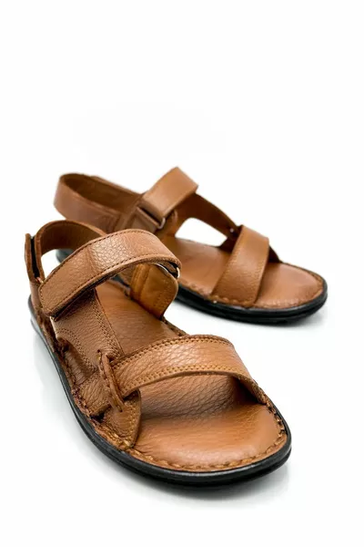 Hakiki Gerçek Deri Cırtlı Erkek Sandalet Şırıngıl Taba