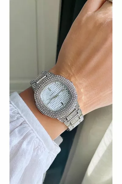 أنيق تصميم خاص اللون الفضي الزركون الحجر الصلب حالة ساعة اليد