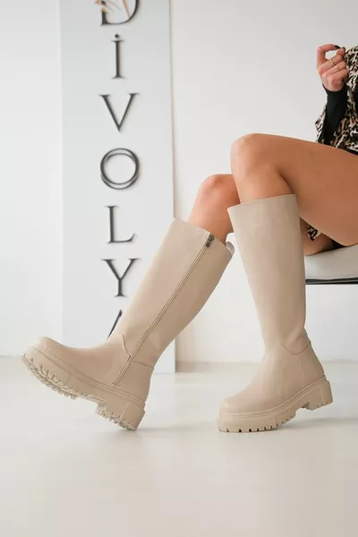 Blanca Beige Leather Pull Casual Bottes Femme