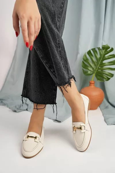 Genuine Leather Beige Round Toe Matte Gold Accessory Women's Ballet Flats