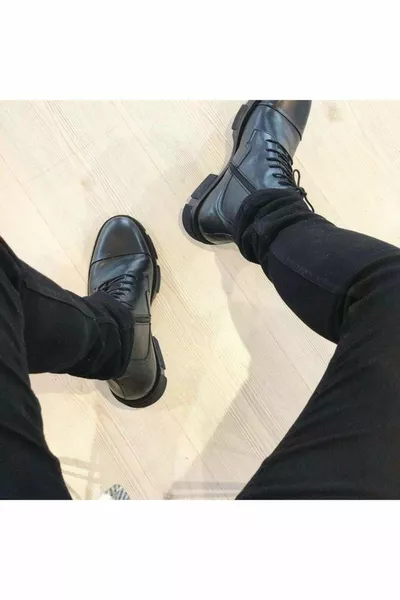 Men's Black Genuine Leather Thick Sole Zipper Hot Lined Postal Boots