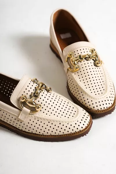 Women's Leather Laser Cut Buckle Detailed Loafer Loafers (MOLDS ARE NARROW NUMBER 1.)