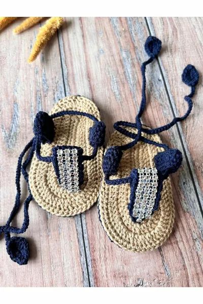 Fatto a Mano Lavorato A Maglia Pietra Blu Navy Infradito Neonata Sandali Stivaletti