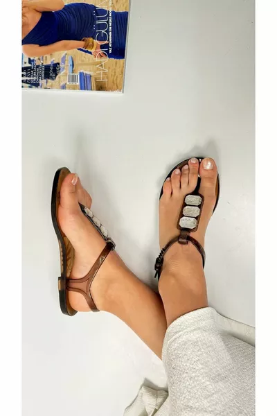 Casual Women's Coffee Sandals Flip-Flops Gel Look Flat Sole Oval Toe Stone Shoes 