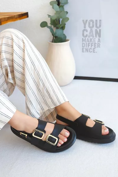 Fabulous Double Band Gold Buckle Detailed Daily Comfort Women's Sandals