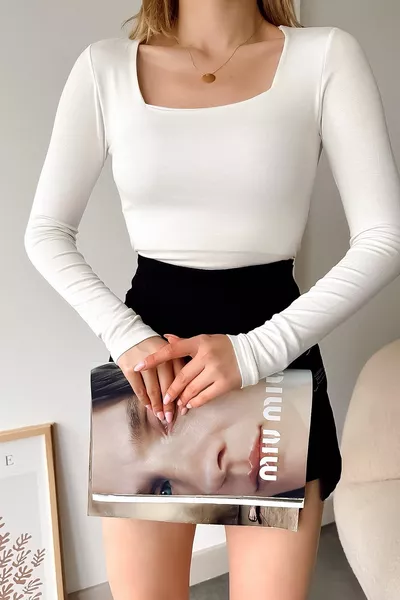 Women's Square Neck Plain White Long Sleeve Viscose Blouse