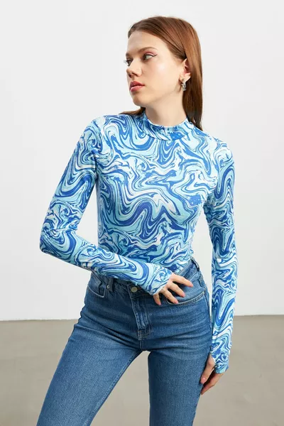 المرأة الأزرق الرخامي نمط إصبع التفاصيل bodysuit