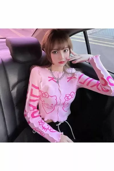 بينك هالو كيتي - روشينليك نصف المرأة طويلة الأكمام المحاصيل