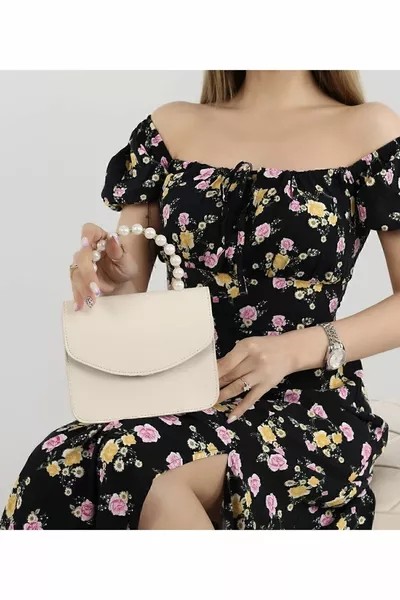 Sac à bandoulière et sac à main femme avec perles crème et chaînes