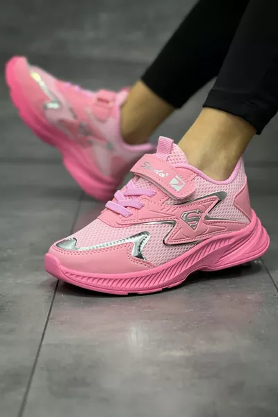 الأطفال الوردي الدانتيل متابعة واحد الفيلكرو مرنة خفيفة الوزن تنفس للجنسين شبكة أحذية رياضية أحذية رياضية