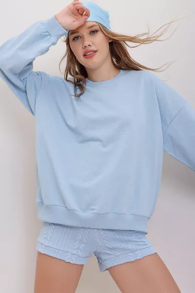 Sweat-shirt basique oversize à col rond bleu pour femmes 