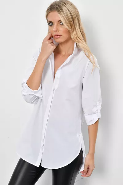 قميص طويل مخفي بأزرار بيضاء للسيدات 