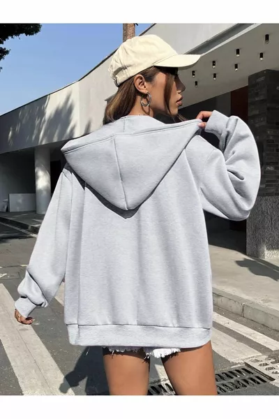 Hope Cardigan - رمادي مطبوع الشتاء كبير الحجم مقنعين بسحاب جيب مفصل كارديجان